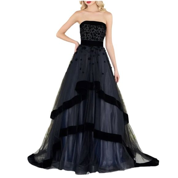 Mac Duggal Dresses & Skirts - Strapless Tiered Gown with Velvet Trim & Floral Appliques